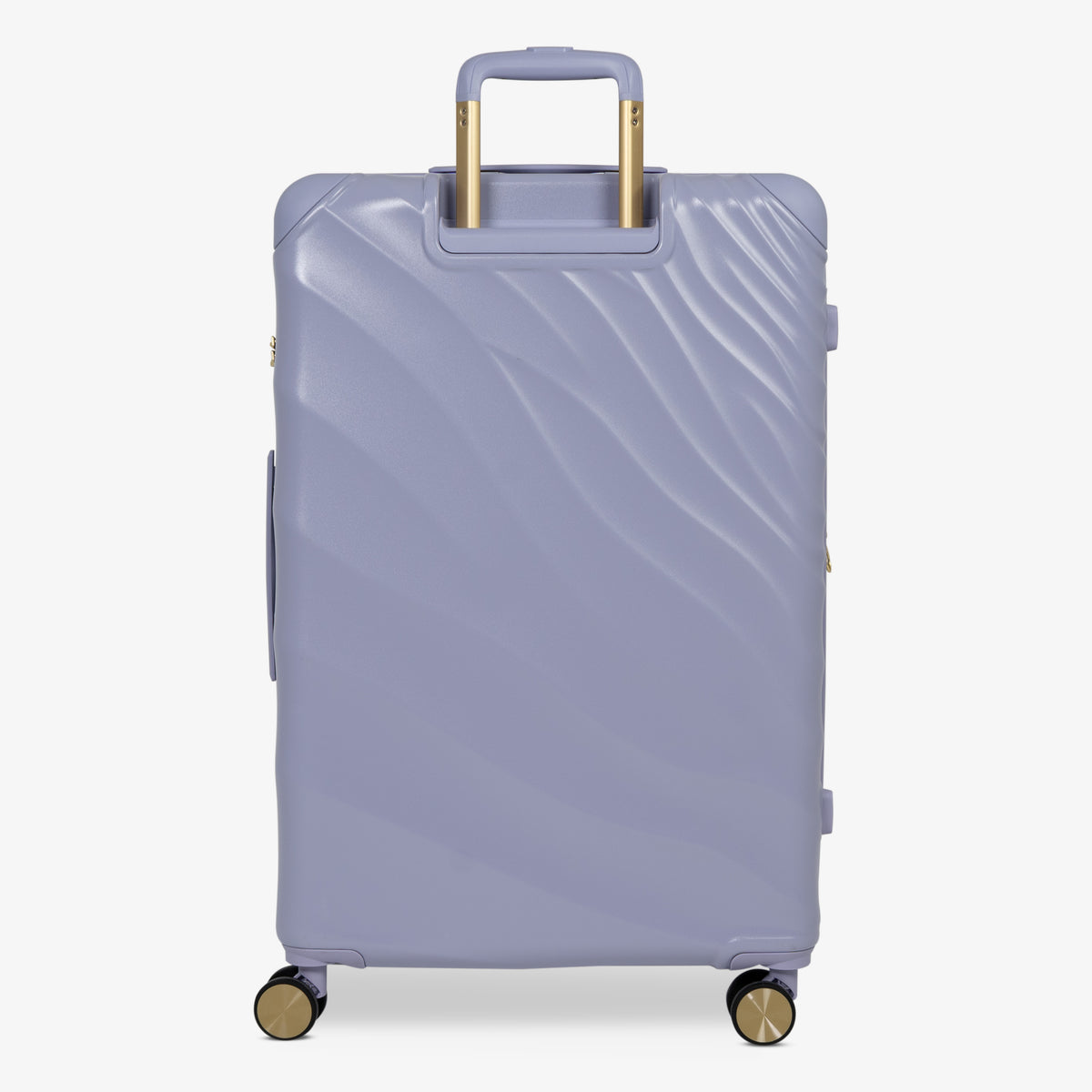 Lilac Sunrise Sahara large suitcase from the back, showing the trolley handle and back panel