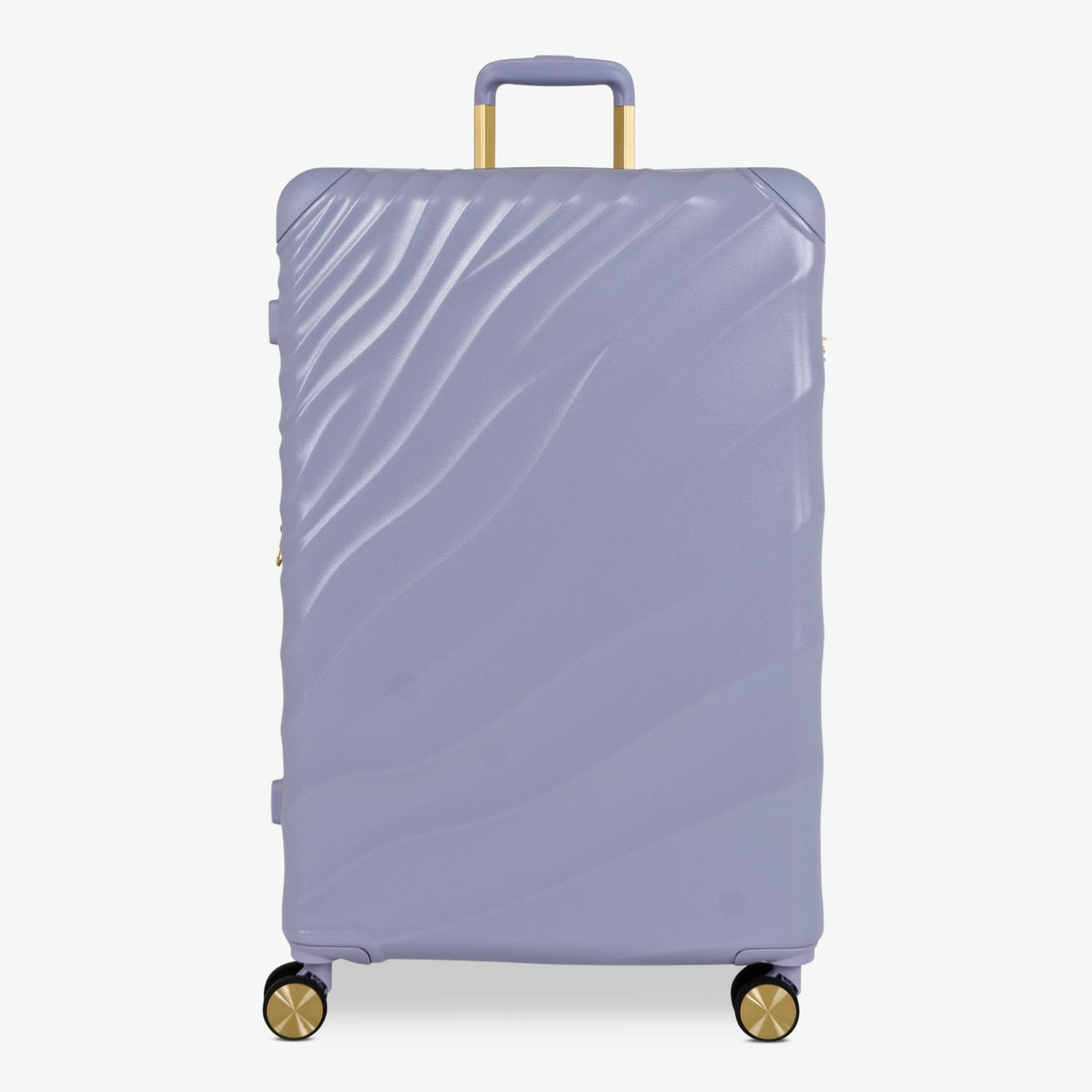 Lilac Sunrise Sahara large suitcase with a wave-design hard shell and 8 double spinner wheels