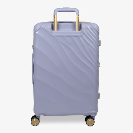 Lilac Sunrise Sahara medium suitcase from the back, showing the trolley handle and back panel