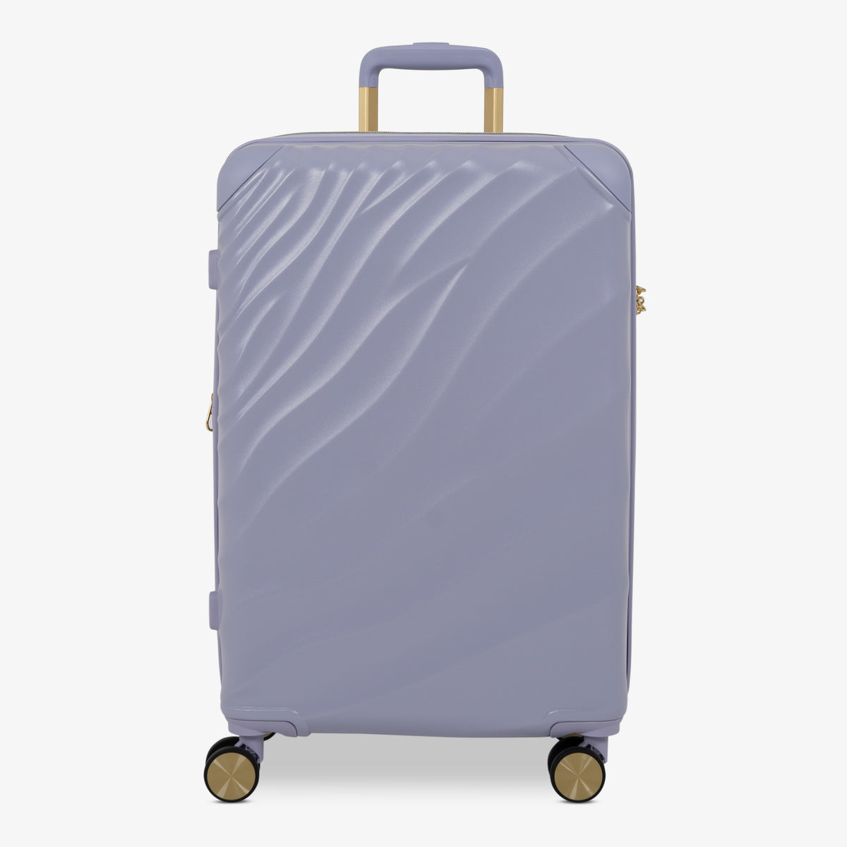 Lilac Sunrise Sahara medium suitcase with a wave-design hard shell and 8 double spinner wheels