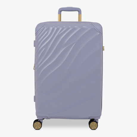 Lilac Sunrise Sahara medium suitcase with a wave-design hard shell and 8 double spinner wheels