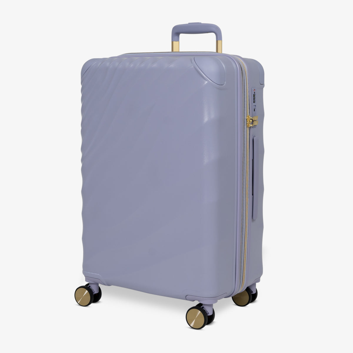 Lilac Sunrise Sahara medium suitcase, angled view showing the wave-design shell