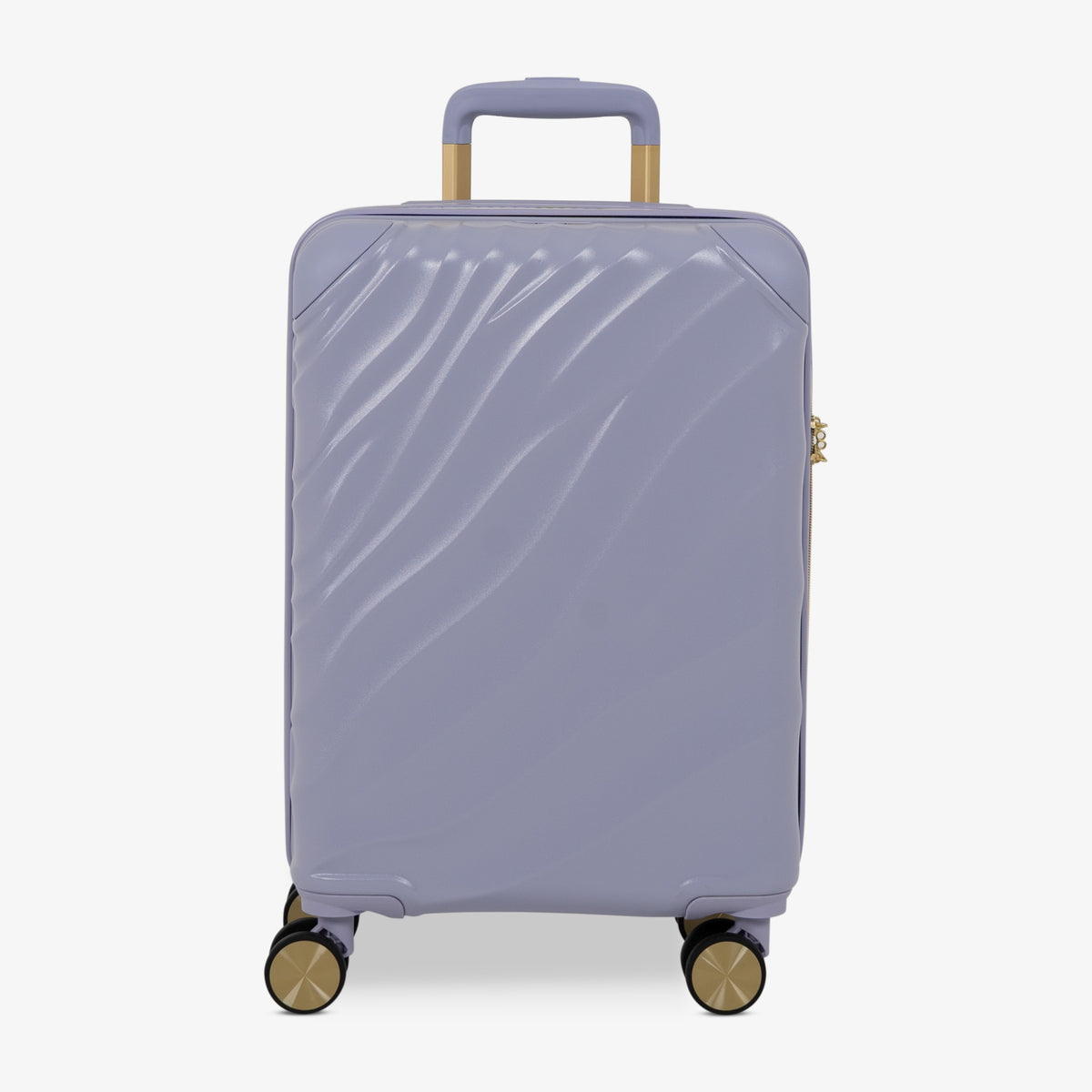 Lilac Sunrise Sahara cabin suitcase with a wave-design hard shell and 8 double spinner wheels