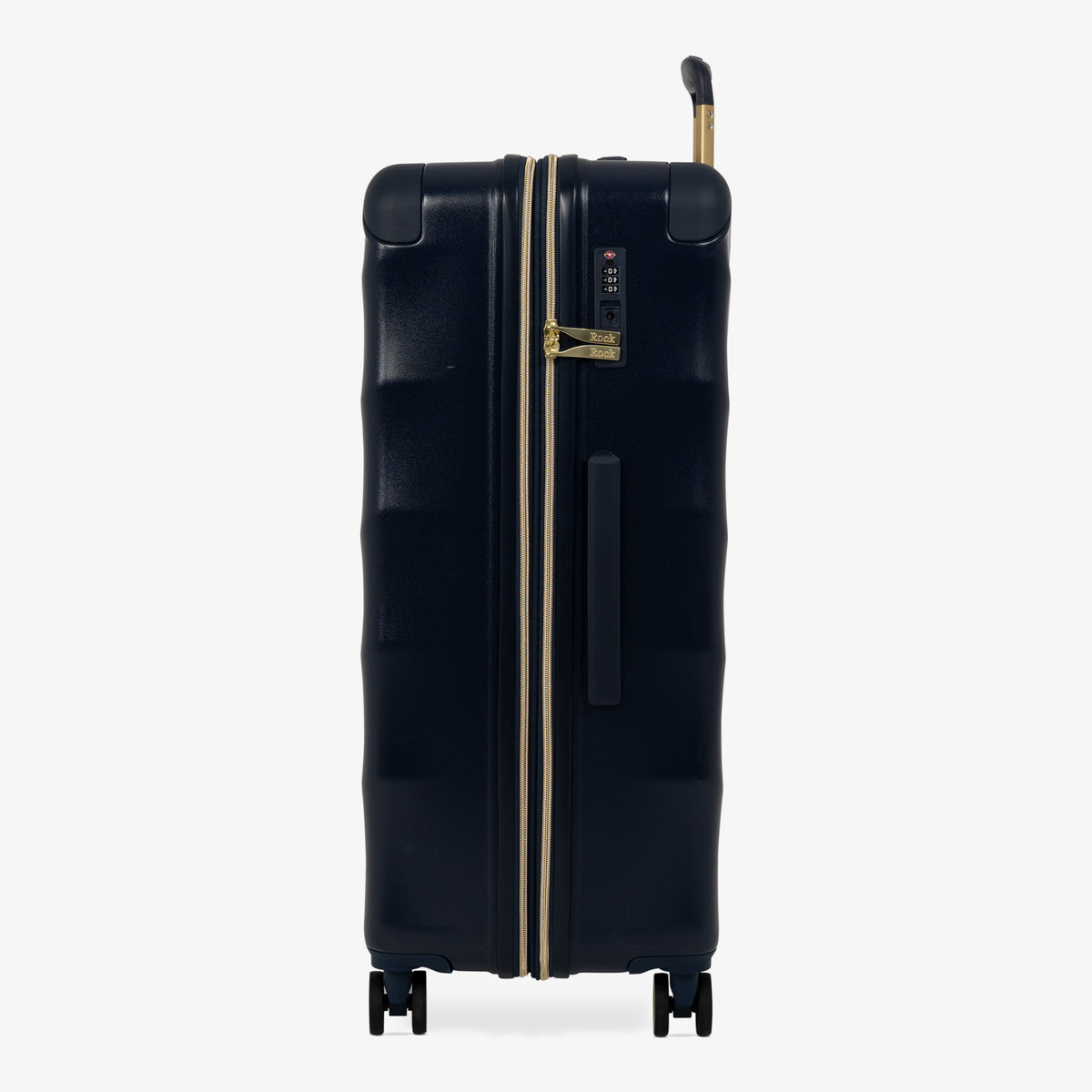 Midnight Navy Sahara large suitcase, side view showing the side handle and reinforced corners