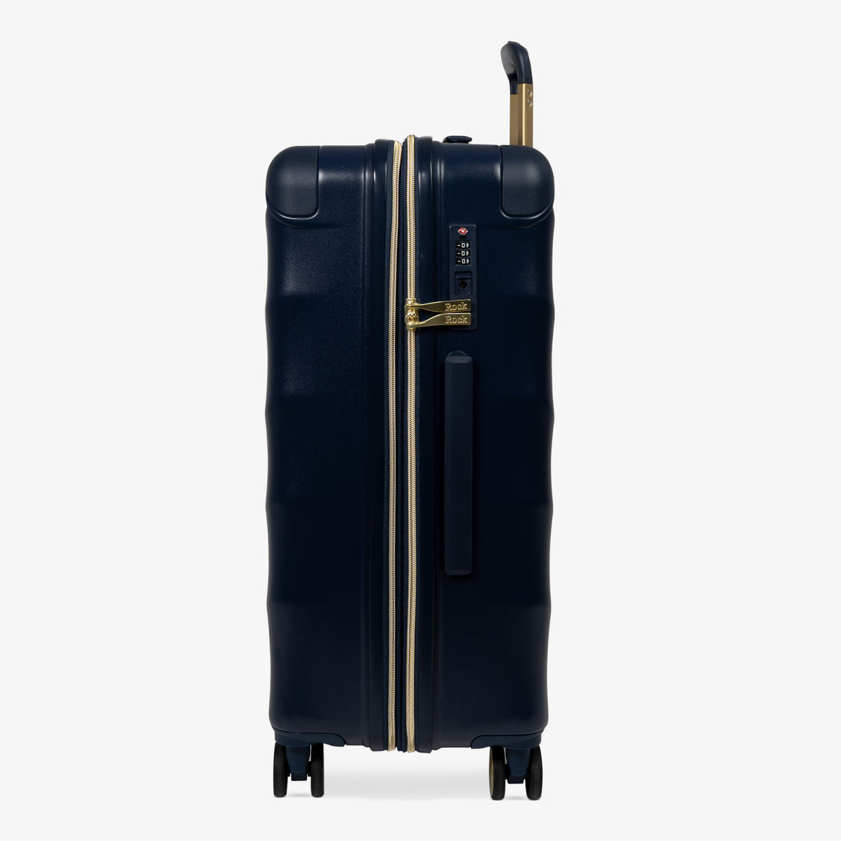 Midnight Navy Sahara medium suitcase, side view showing the side handle and reinforced corners