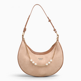 Bag Shack BESSIE LONDON crescent hobo bag in beige canvas with tan faux leather trim, gold chain, and faux pearls.