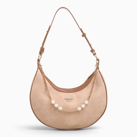 Bag Shack BESSIE LONDON crescent hobo bag in beige canvas with tan faux leather trim, gold chain, and faux pearls.