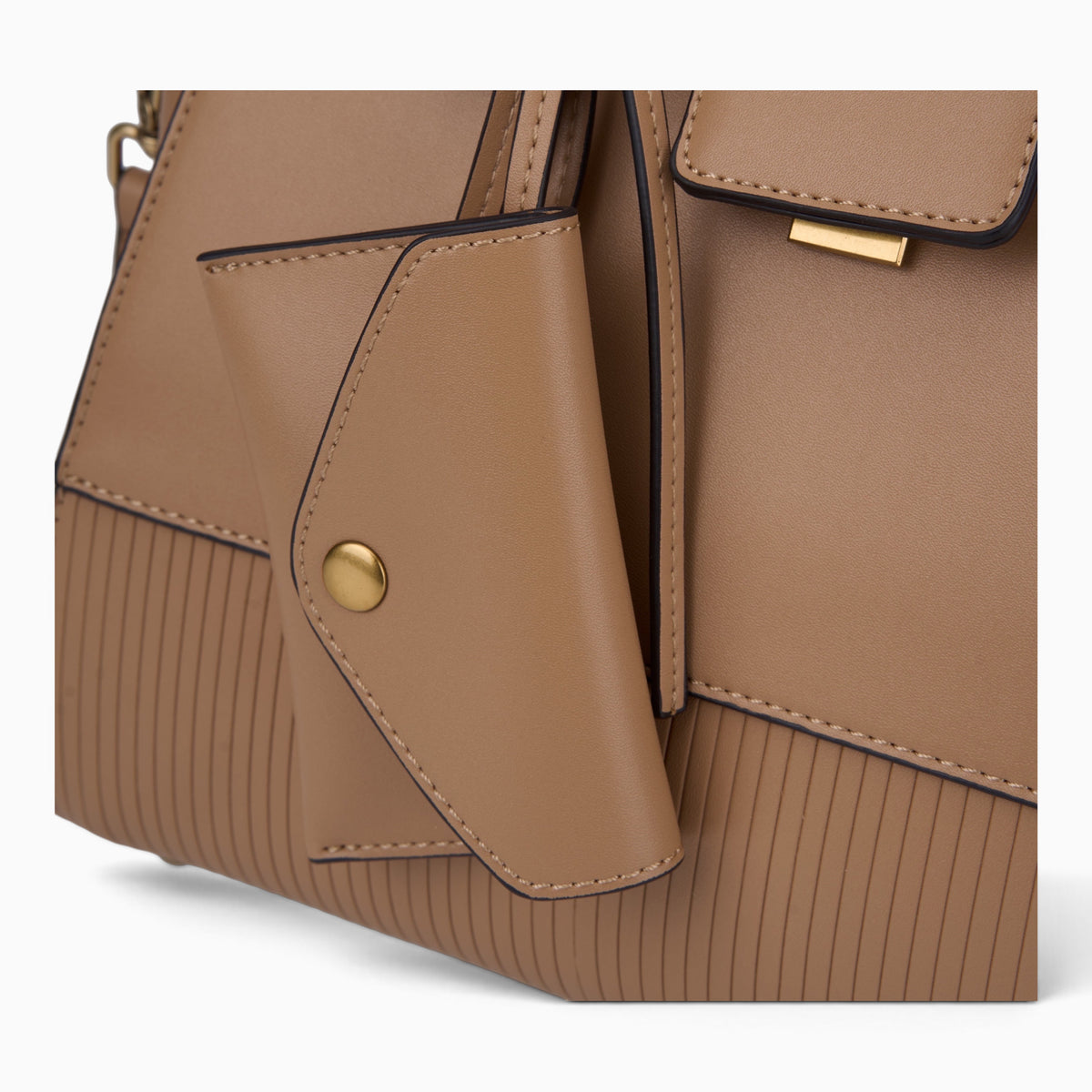Bag Shack BESSIE LONDON tan structured tote handbag featuring a smooth and ribbed synthetic leather finish with mini pouch