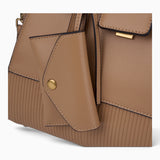 Bag Shack BESSIE LONDON tan structured tote handbag featuring a smooth and ribbed synthetic leather finish with mini pouch