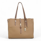 Bag Shack Bessie taupe faux leather large multi-compartment tote bag with gold hardware and detachable strap