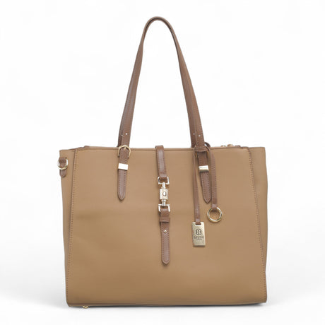 Bag Shack Bessie taupe faux leather large multi-compartment tote bag with gold hardware and detachable strap