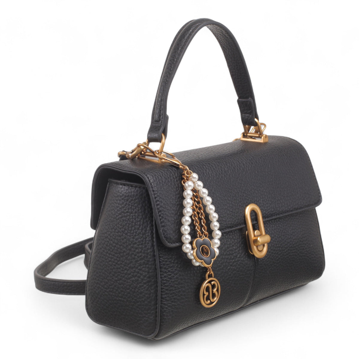 Bag Shack black faux leather compact handbag with gold lock detail, top handle, and decorative pearl charm.