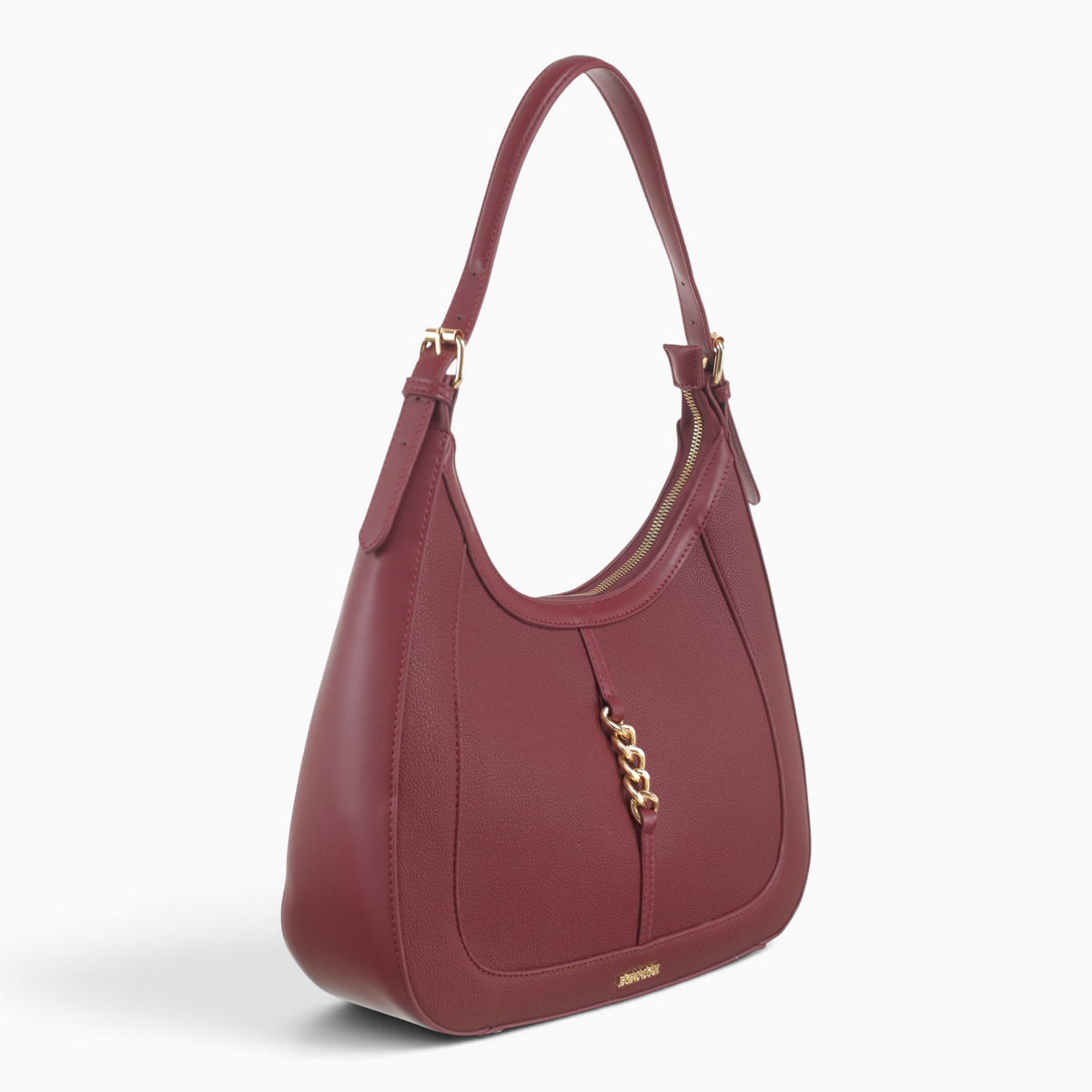 Bag Shack BESSIE burgundy textured faux leather hobo bag with gold-tone chain detail and top zip closure