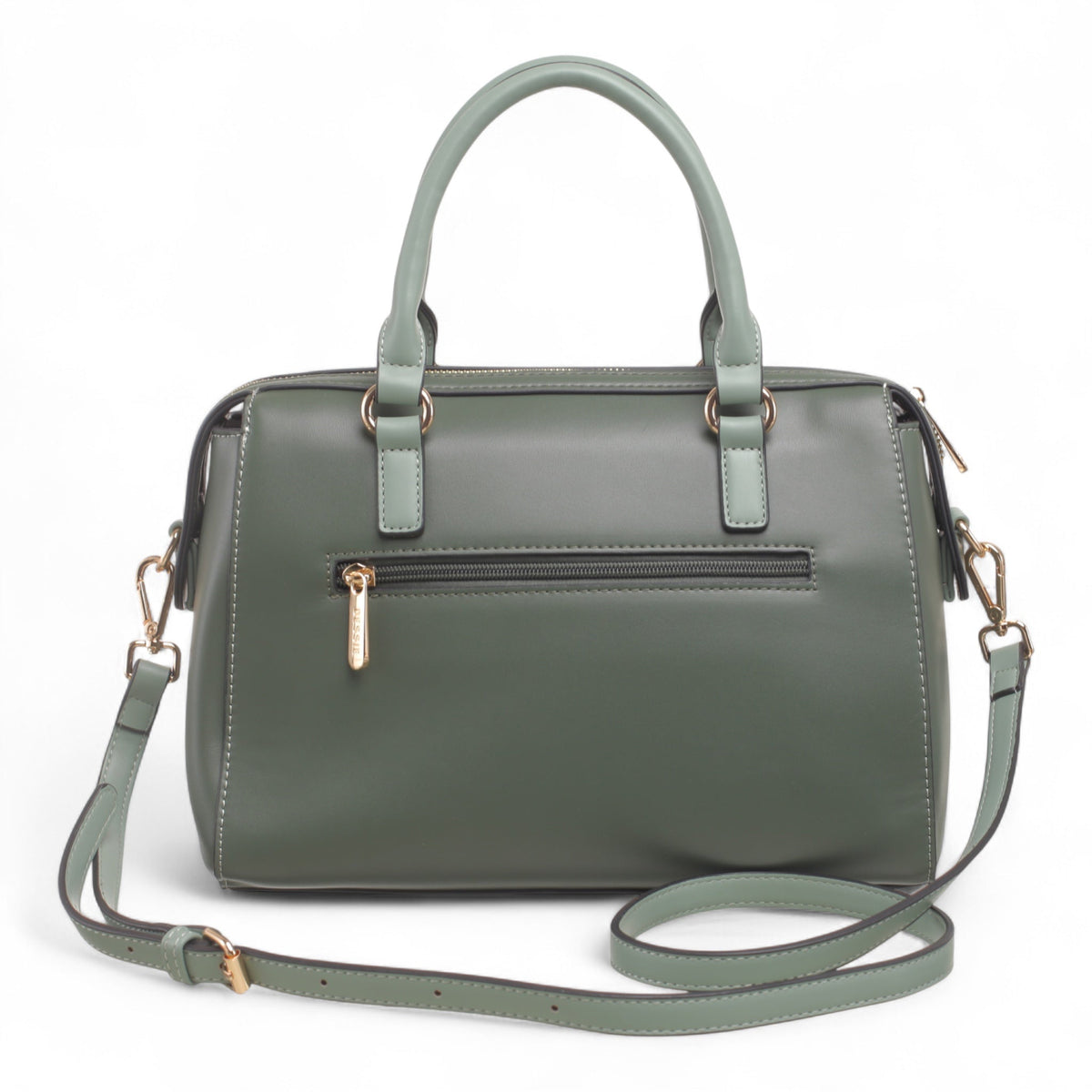 Bag Shack green faux leather handbag with rear zip pocket, gold hardware, and detachable shoulder strap
