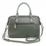 Bag Shack green faux leather handbag with rear zip pocket, gold hardware, and detachable shoulder strap