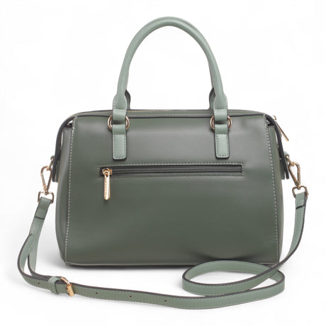 Bag Shack green faux leather handbag with rear zip pocket, gold hardware, and detachable shoulder strap