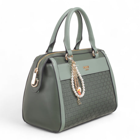 Bag Shack | Luggage, Bags, Handbags & Travel Accessories green faux leather handbag with woven panel and pearl charm