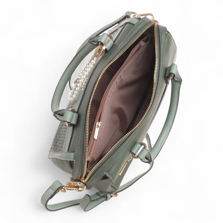 Bag Shack green multi-compartment handbag with woven panel, gold hardware, and pearl detail on the handle