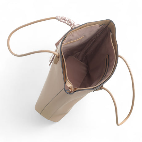Bag Shack Large Zip Top Tote Bag in taupe faux leather with internal zip pocket and decorative scarf detail
