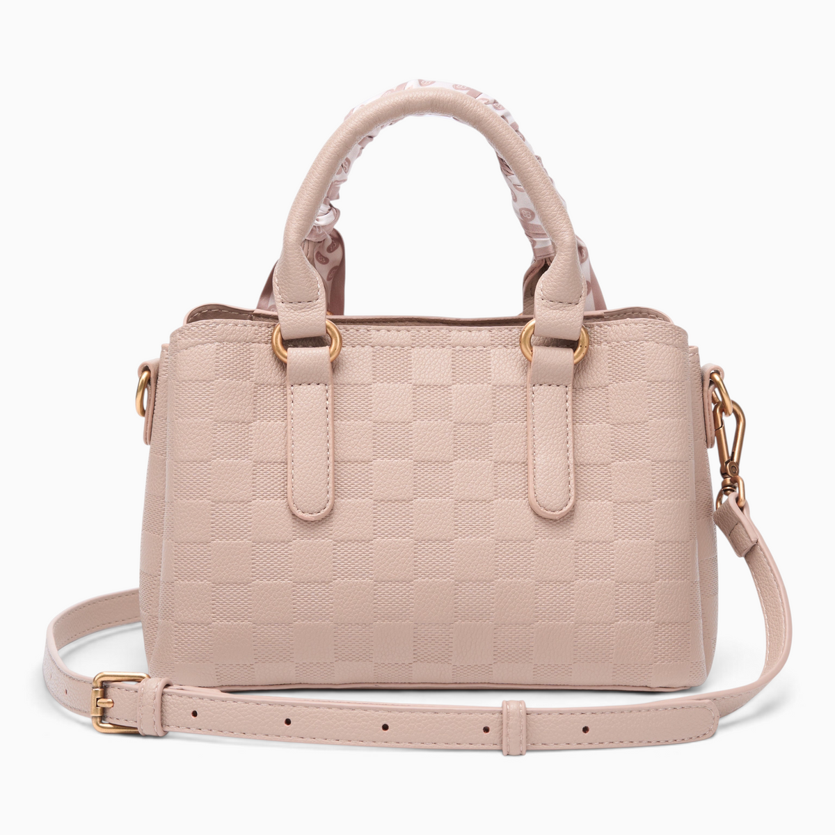 Bag Shack | Luggage, Bags, Handbags & Travel Accessories Bessie London structured handbag in beige with checkered texture and silk scarf handle detail.