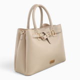 Bag Shack | Luggage, Bags, Handbags & Travel Accessories beige pebbled faux leather tote with gold-tone belt detail