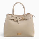 Bag Shack | Luggage, Bags, Handbags & Travel Accessories beige pebbled faux leather tote with gold-tone belt detail
