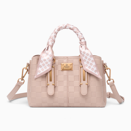 Khaki checkerboard tote bag with a buckle strap accent and printed scarf