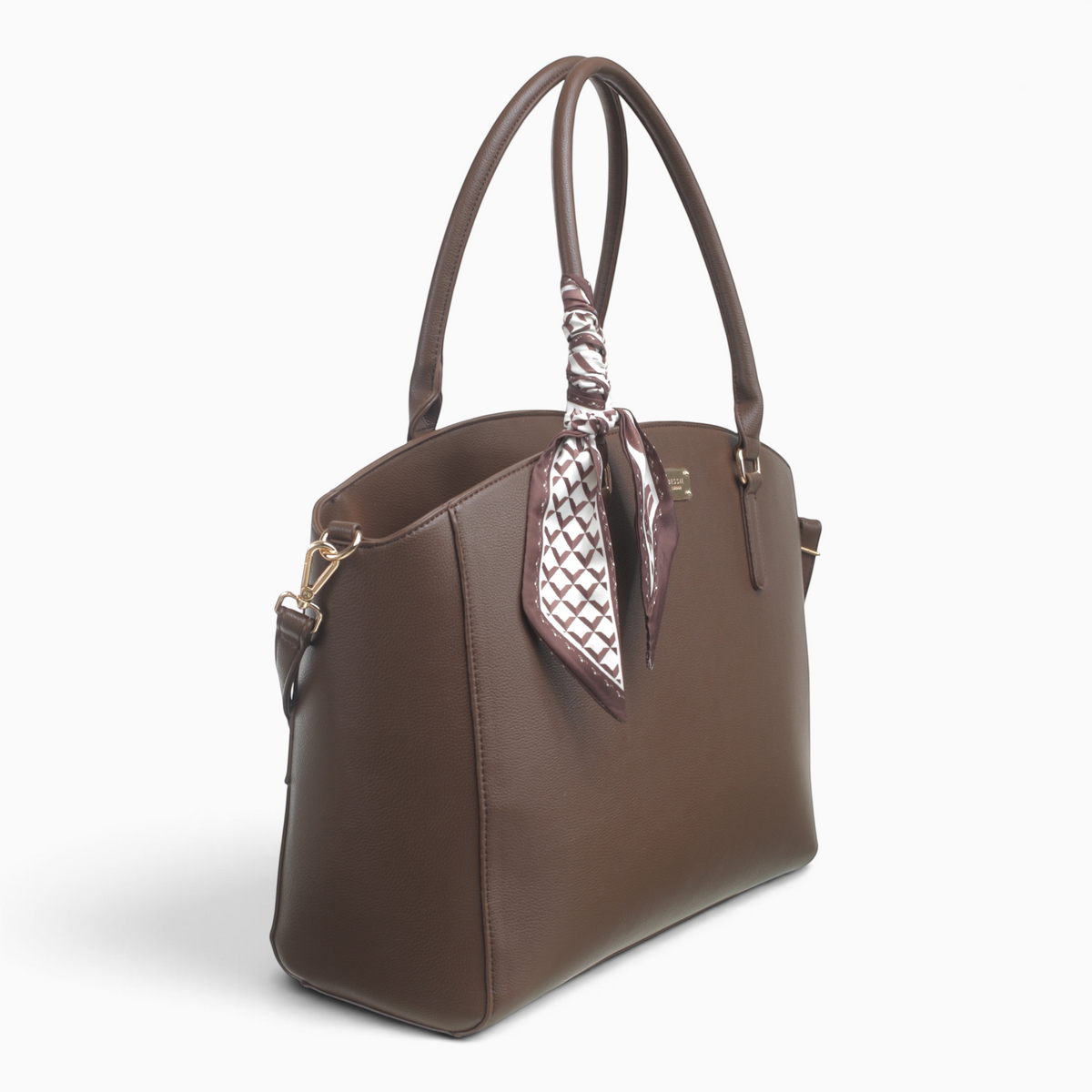 Bag Shack | Luggage, Bags, Handbags & Travel Accessories brown pebbled faux leather tote with a patterned silk scarf.
