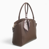Bag Shack | Luggage, Bags, Handbags & Travel Accessories brown pebbled faux leather tote with a patterned silk scarf.