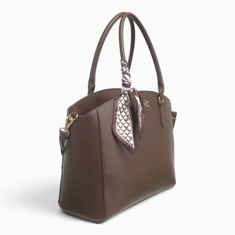 Coffee large faux leather tote bag, angled view showing the scarf and structured shape