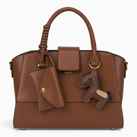 Taupe ribbed panel tote bag with a horse charm and gold-tone hardware