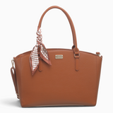 Bag Shack | Luggage, Bags, Handbags & Travel Accessories brown faux leather tote with patterned scarf and gold logo
