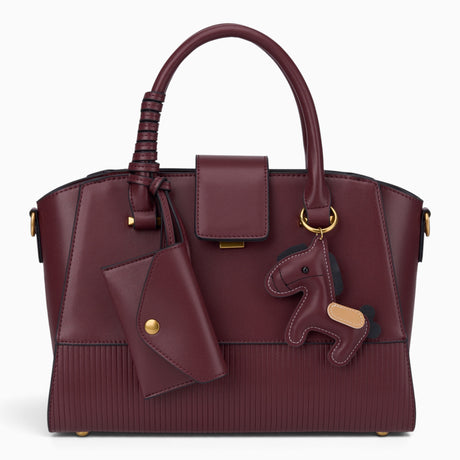 Wine ribbed panel tote bag with a horse charm and gold-tone hardware