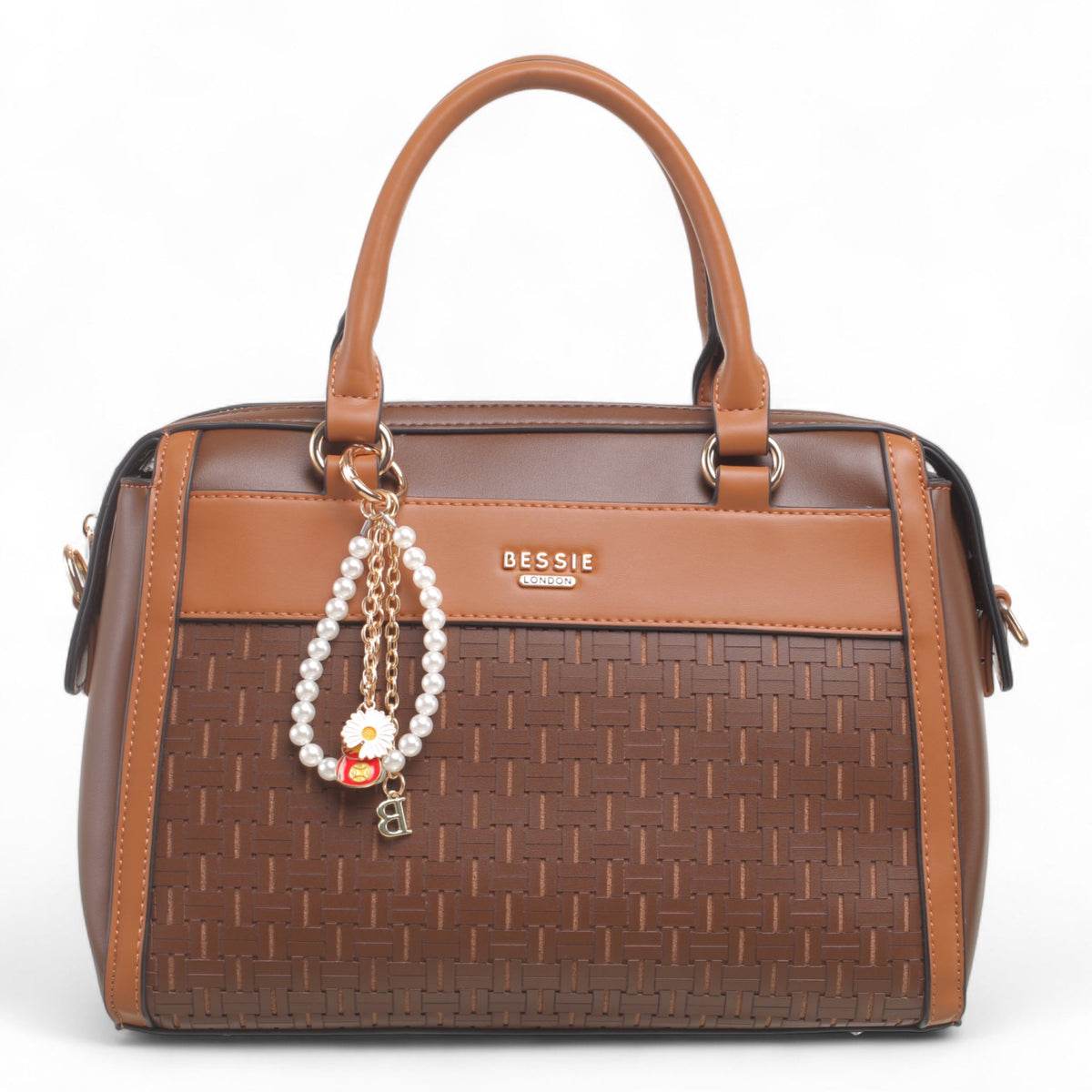 Bag Shack | Luggage, Bags, Handbags & Travel Accessories Bessie coffee brown woven panel handbag with pearl charm