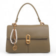 Bag Shack dark khaki faux leather compact handbag with gold lock detail and a decorative pearl charm