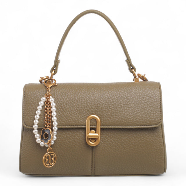Bag Shack dark khaki faux leather compact handbag with gold lock detail and a decorative pearl charm