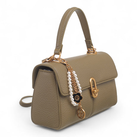 Bag Shack | Luggage, Bags, Handbags & Travel Accessories dark khaki faux leather handbag with gold lock and pearl charm