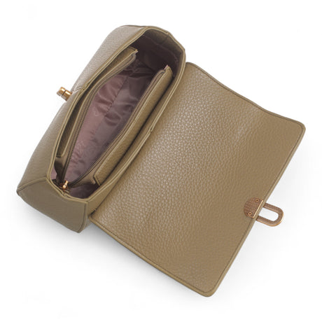 Bag Shack | Luggage, Bags, Handbags & Travel Accessories dark khaki faux leather handbag with gold lock and zip top