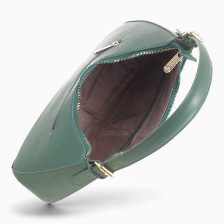 Green hobo bag opened to show the zip-top main compartment