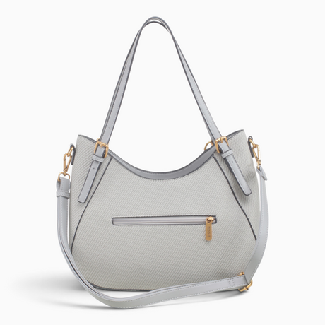 Grey textured hobo bag from the back, showing the rear zipped pocket