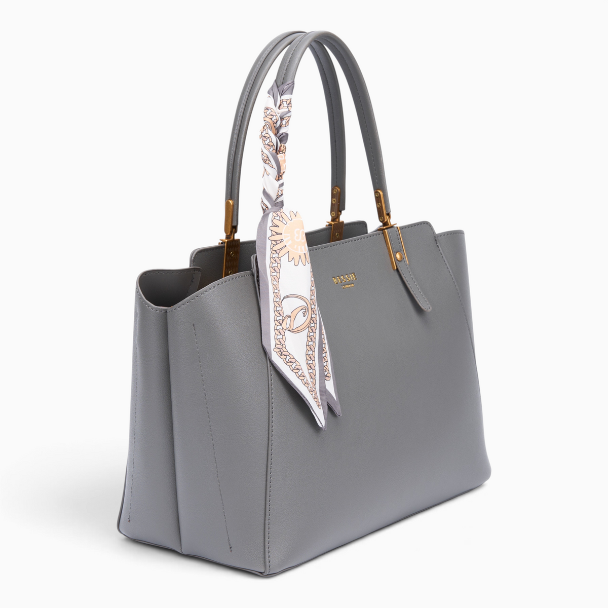 Bag Shack | Luggage, Bags, Handbags & Travel Accessories grey faux leather tote with a patterned silk-feel scarf