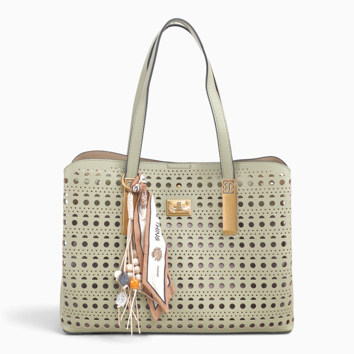 Bag Shack | Luggage, Bags, Handbags & Travel Accessories sage green laser-cut tote with gold hardware and scarf charm