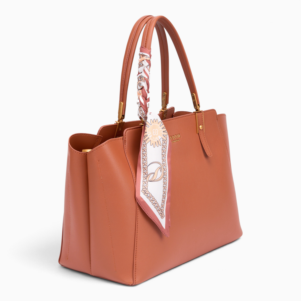 Bag Shack | Luggage, Bags, Handbags & Travel Accessories tan faux leather tote with a patterned silk-feel scarf