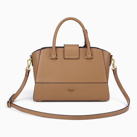 Tan ribbed panel tote bag with its detachable shoulder strap attached