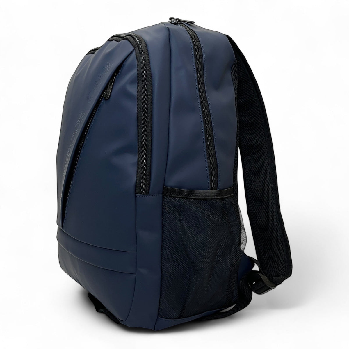 Navy Bag Shack rubber-coated 27L laptop backpack with diagonal zip pocket, mesh side pockets, and padded straps.