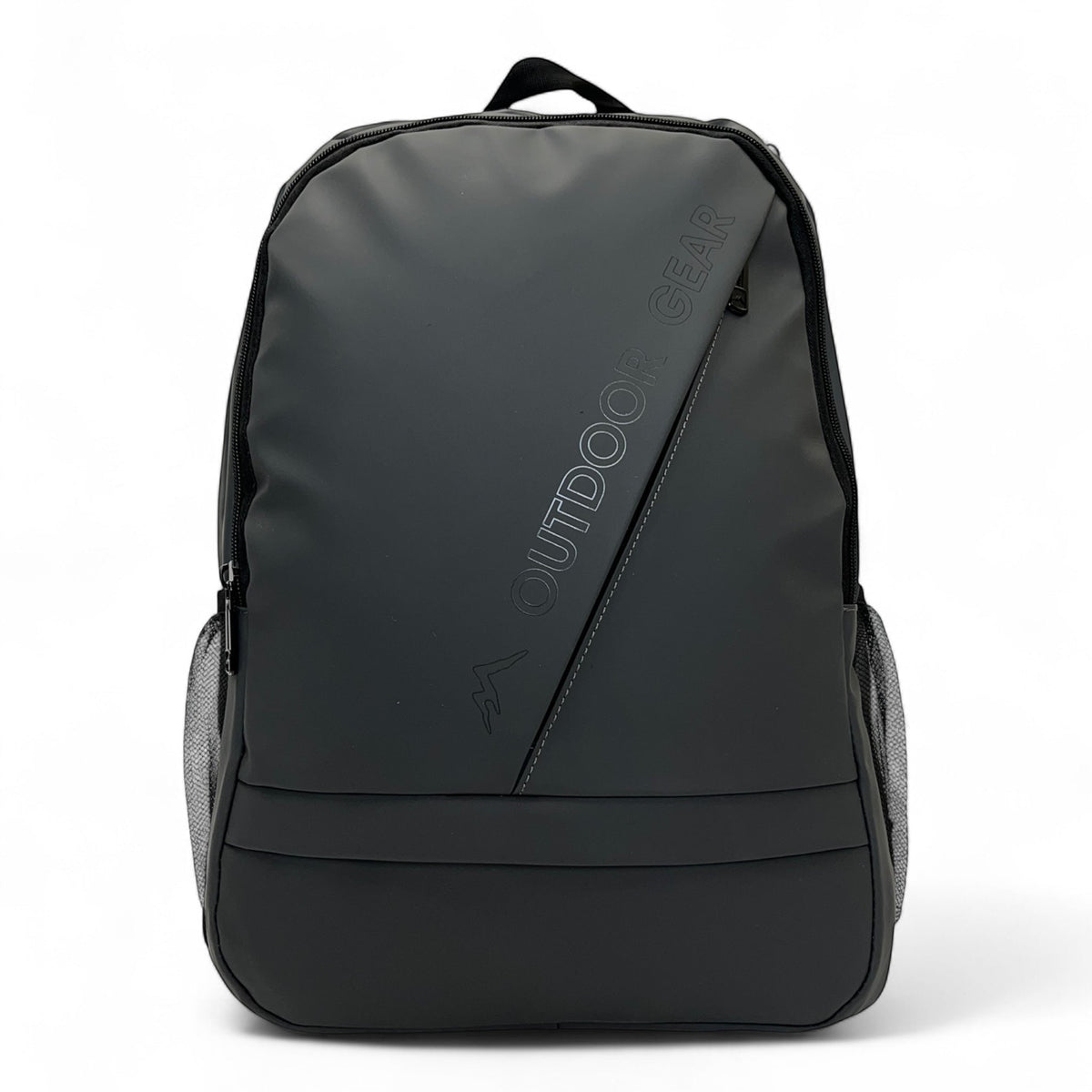 Bag Shack Outdoor Gear rubber-coated black laptop backpack with diagonal zip pocket and side mesh bottle holders.