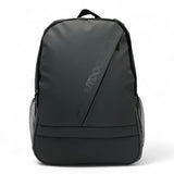 Bag Shack Outdoor Gear rubber-coated black laptop backpack with diagonal zip pocket and side mesh bottle holders.