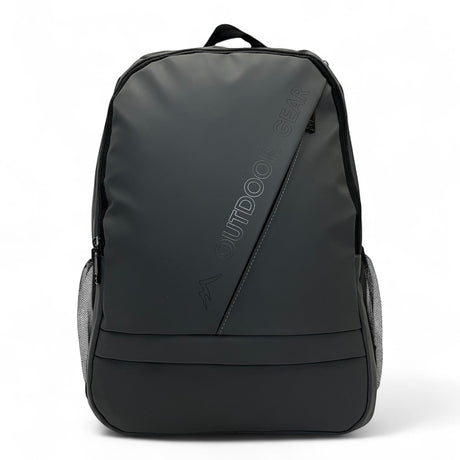 Bag Shack Outdoor Gear rubber-coated black laptop backpack with diagonal zip pocket and side mesh bottle holders.