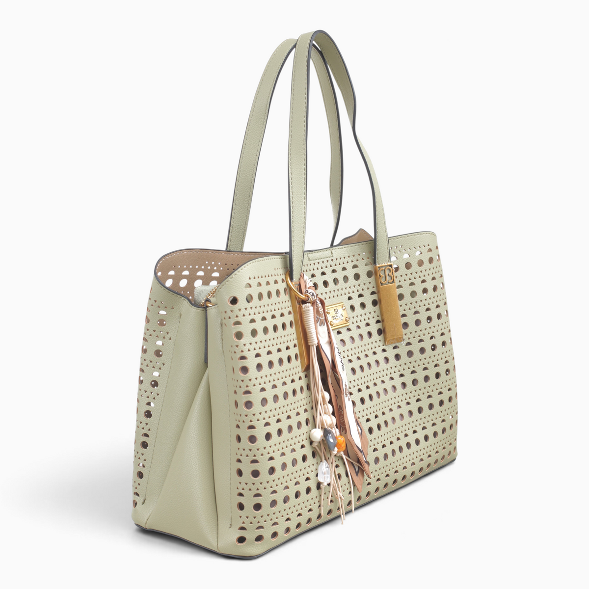 Bag Shack | Luggage, Bags, Handbags & Travel Accessories sage green laser-cut tote with gold hardware and tassel charm