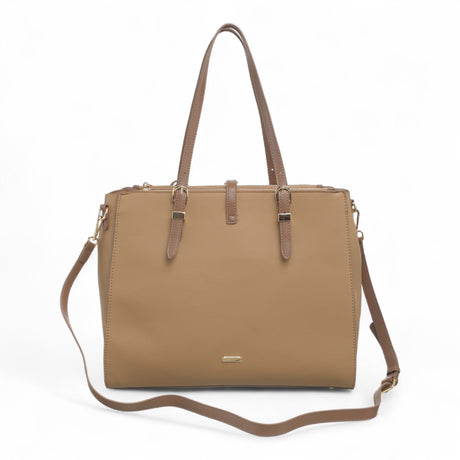 Bag Shack taupe faux leather multi-compartment tote bag with dual handles and a detachable shoulder strap